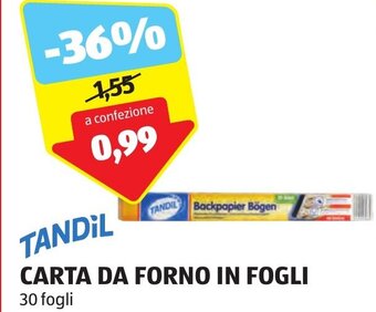 ALDI TANDIL CARTA DA FORNO IN FOGLI 30 fogli offerta