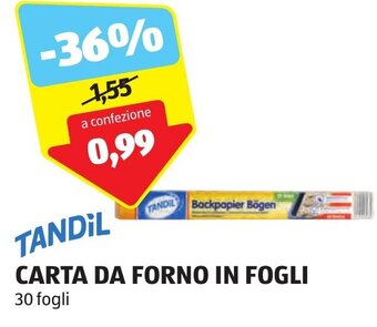 ALDI TANDIL CARTA DA FORNO IN FOGLI 30 fogli offerta