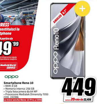MediaWorld oppo Smartphone Reno 10 offerta