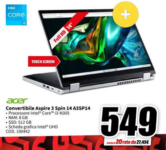 MediaWorld acer Convertibile Aspire 3 Spin 14 A3SP14 offerta