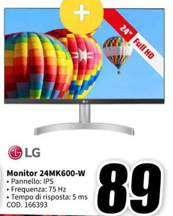 MediaWorld LG Monitor 24MK600-W offerta