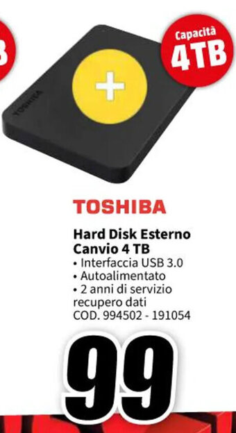 MediaWorld TOSHIBA Hard Disk Esterno Canvio 4 TB offerta