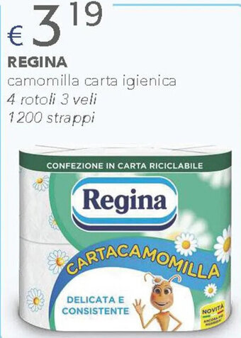 Acqua & Sapone REGINA camomilla carta igienica 4 rotoli 3 veli 1200 strappi offerta
