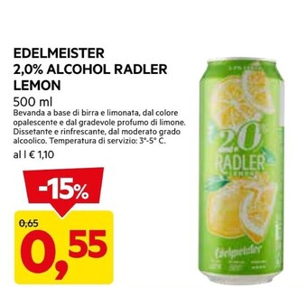 DPiù Edelmeister 2,0% alcohol radler lemon offerta