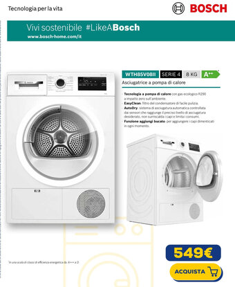 Euronics BOSCH Asciugatrice a pompa di calore WTH85V08II SERIE 4 8 KG offerta