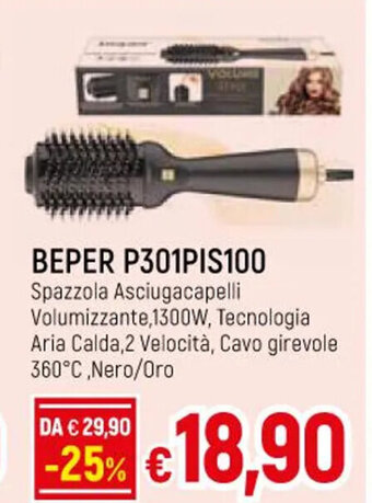IperFamila BEPER P301PIS100 Spazzola Asciugacapelli Volumizzante,1300W, Tecnologia Aria Calda,2 Velocità, Cavo girevole 360°C,Nero/Oro offerta