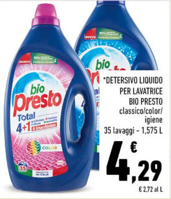 Conad DETERSIVO LIQUIDO PER LAVATRICE BIO PRESTO classico/color/ igiene 35 lavaggi - 1,575 L offerta