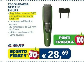 Esselunga Philips BEARDTRIMMER Series 3000 BT3211/13 Regolabarba Nero, Verde offerta