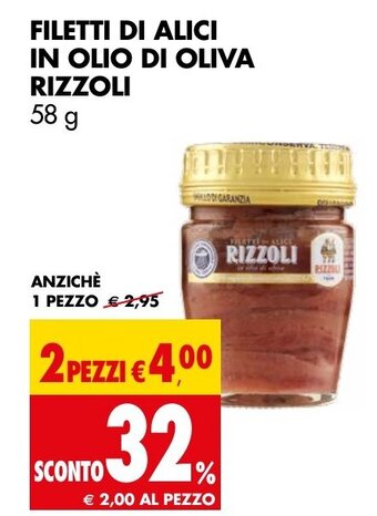 Tigros FILETTI DI ALICI IN OLIO DI OLIVA RIZZOLI 58 g offerta