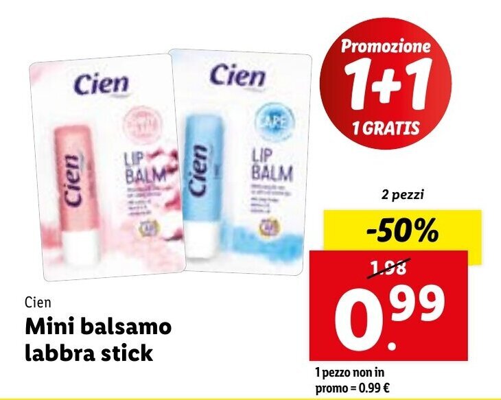 Lidl Cien Mini balsamo labbra stick 2 pezzi offerta