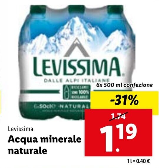 Lidl Levissima Acqua minerale naturale 6x 500 ml confezione offerta
