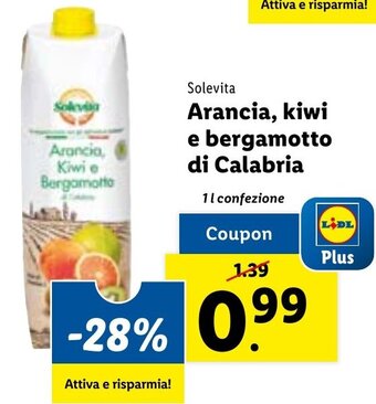 Lidl Solevia Arancia, Kiwi e Bergamotto di Calabria 1 l confezione offerta