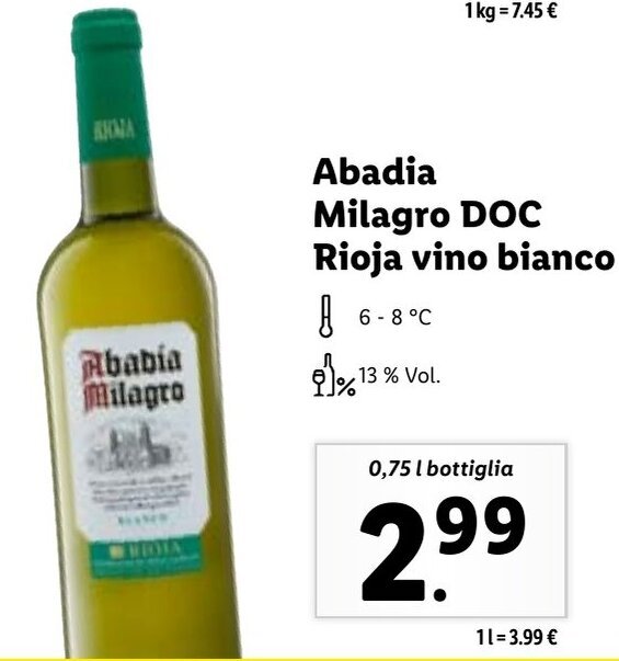 Lidl Abadia Milagro DOC Rioja vino bianco 0,75 l bottiglia offerta