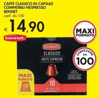 Bennet CAFFÈ CLASSICO IN CAPSULE COMPATIBILI NESPRESSO BENNET conf. da 100 offerta
