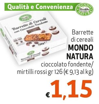 Barrette di cereali MONDO NATURA cioccolato fondente/ mirtilli rossi gr 126