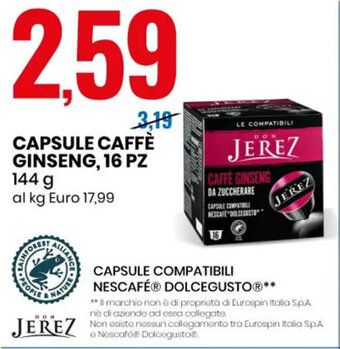 Eurospin CAPSULE CAFFÈ GINSENG, 16 PZ 144 g offerta