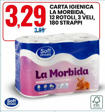 CARTA IGIENICA LA MORBIDA, 12 ROTOLI, 3 VELI, 180 STRAPPI