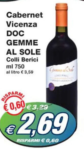 Prix Quality Cabernet Vicenza DOC GEMME AL SOLE Colli Berici ml 750 offerta
