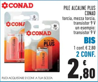 Conad PILE ALCALINE PLUS CONAD torcia, mezza torcia, transistor 9 V offerta