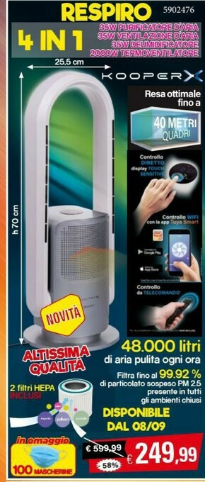 Satur Kooper Espiro 4 In 1 Purificatore Aria/ventilazione Aria/deumidificatore/termoventilatore offerta