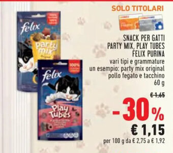 Conad SNACK PER GATTI PARTY MIX, PLAY TUBES FELIX PURINA 60 g offerta