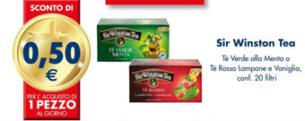 Sir Winston Tea Tè Verde alla Menta o Tè Rosso Lampone e Vaniglia, conf. 20 filtri