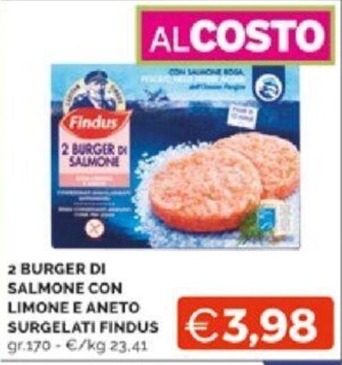 Mercatò 2 BURGER DI SALMONE CON LIMONE E ANETO SURGELATI FINDUS gr.170 offerta