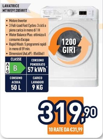 Unieuro INDESIT LAVATRICE MTWE91285WIT offerta
