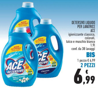 Conad DETERSIVO LIQUIDO PER LAVATRICE ACE igienizzante classico, colorati, talco e muschio bianco 1.9 L conf. da 38 lavaggi 2 PEZZI offerta