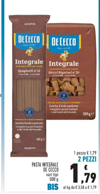 Conad PASTA INTEGRALE DE CECCO vari tipi 500 g offerta