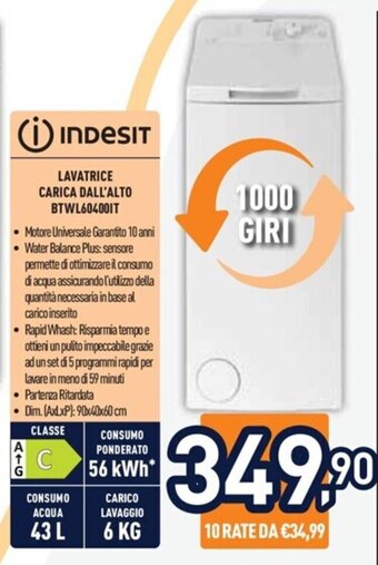 Unieuro indesit LAVATRICE CARICA DALL'ALTO BTWL604001T offerta