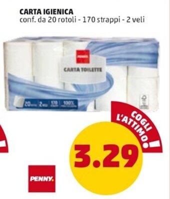 PENNY CARTA IGIENICA conf. da 20 rotoli - 170 strappi - 2 veli offerta