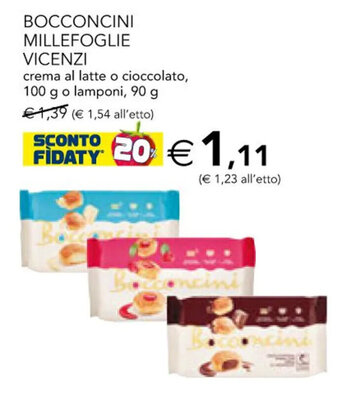 Esselunga BOCCONCINI MILLEFOGLIE VICENZI crema al latte o cioccolato, 100 g o lamponi, 90 g offerta