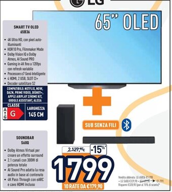 Unieuro LG SMART TV OLED 65B36 + Soundbar S600 offerta