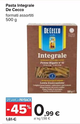 Carrefour Pasta Integrale De Cecco formati assortiti 500 g offerta