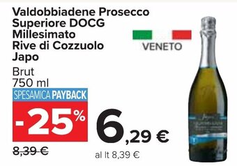 Carrefour Valdobbiadene Prosecco Superiore DOCG Millesimato Rive di Cozzuolo Japo Brut 750 ml offerta
