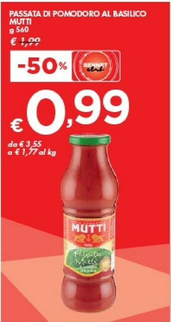 Bennet Mutti Passata Di Pomodoro Al Basilico 560 G(ml) offerta