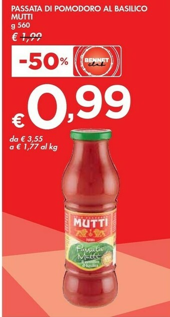 Bennet Mutti Passata Di Pomodoro Al Basilico 560 G(ml) offerta