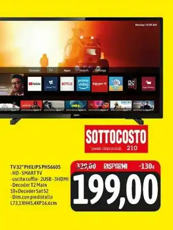Emi Supermercati Philips 6600 Series 32PHS6605/12 TV 81,3 Cm (32") HD Smart TV Wi-Fi Nero offerta