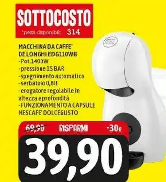 Emi Supermercati Nescafé DeLonghi Piccolo EDG110.WB Macchina Per Caffè A Capsule 0,8 L Semi-automatica offerta