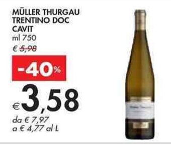 Bennet MÜLLER THURGAU TRENTINO DOC CAVIT ml 750 offerta