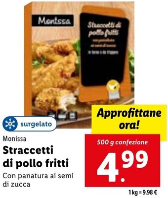 Lidl Monissa Straccetti di pollo fritti 500 g confezione offerta
