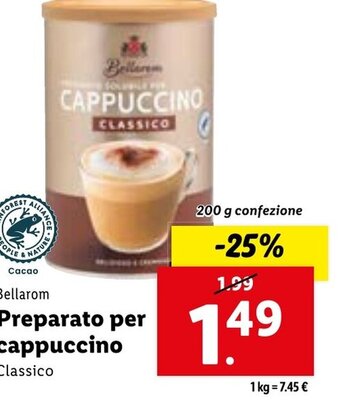 Lidl Bellarom Preparato per cappuccino Classico 200 g confezione offerta