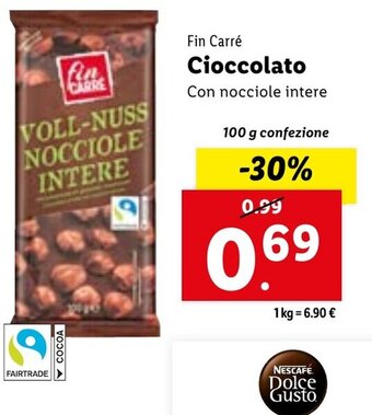 Lidl Fin Carré Cioccolato Con nocciole intere 100 g confezione offerta