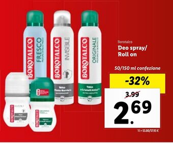 Lidl Borotalco Deo spray/ Roll on 50/150 ml confezione offerta