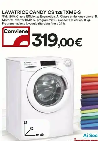 Ipercoop Candy Smart Inverter CS 128TXME-S Lavatrice Libera Installazione Caricamento Frontale 8 Kg 1200 Giri/min A Bianco offerta