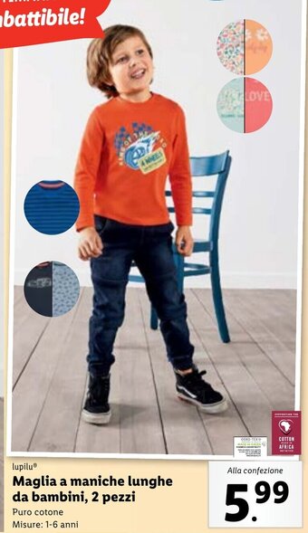 Lidl lupilu Maglia a maniche lunghe da bambini, 2 pezzi 1-6 anni offerta