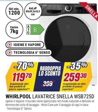 Trony WHIRLPOOL LAVATRICE SNELLA WSB725D 85x59,5x43,5 cm offerta