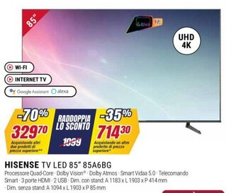 Trony HISENSE TV LED 85" 85A6BG offerta