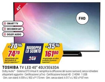 Trony TOSHIBA TV LED 40" 40LV3E63DA offerta